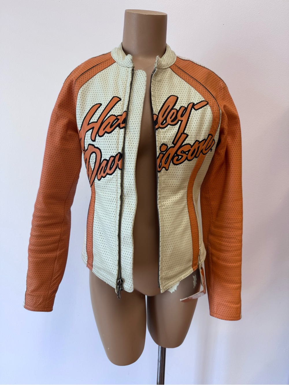 Harley-Davidson Orange/Cream Women's Perforated Leather Jacket XS Y2K Vintage